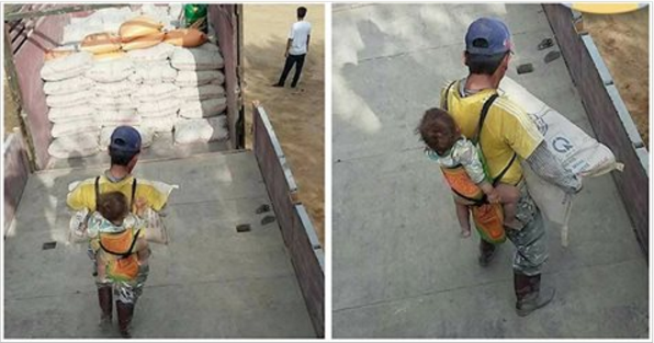 Questo padre porta sempre suo figlio con sé in uno zaino, anche sul lavoro